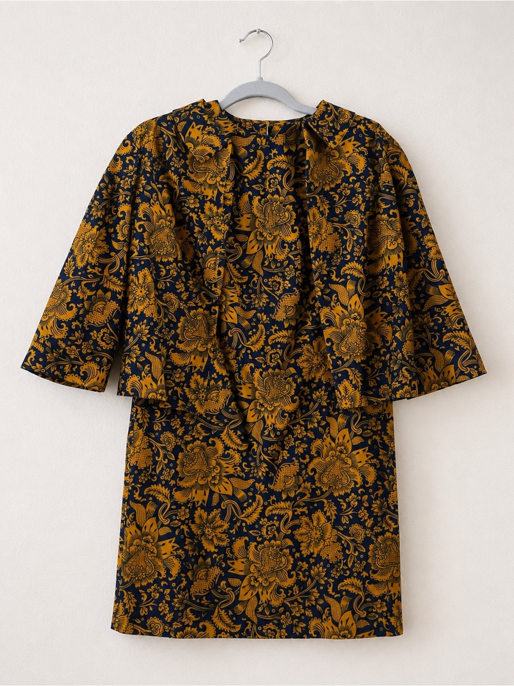 Vintage Handmade Navy Mustard Floral Shift Dress Matching Jacket 2 Piece Set